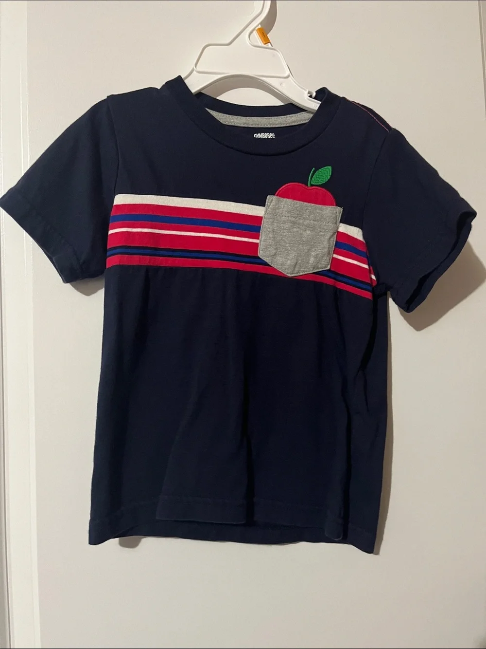 Gymboree Navy Short-Sleeve Tee with Red Apple Pocket and Stripes